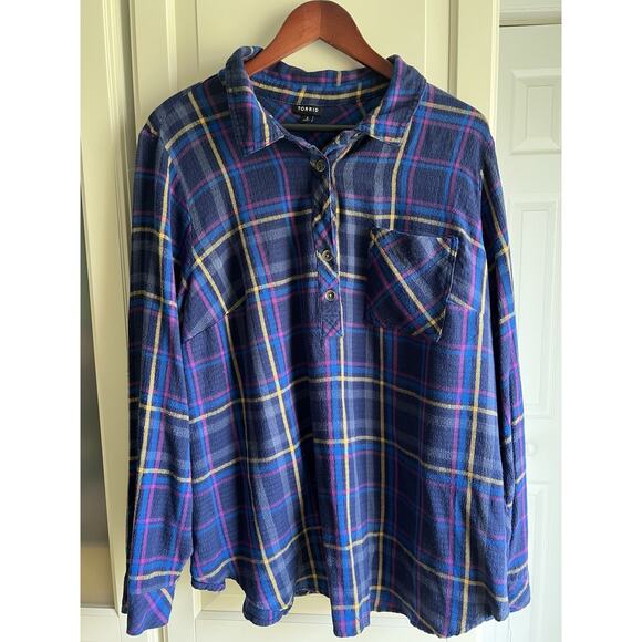 Torrid Navy Plaid Tunic Top statement back with pocket Lagenlook relax Size 3X - Picture 2 of 7